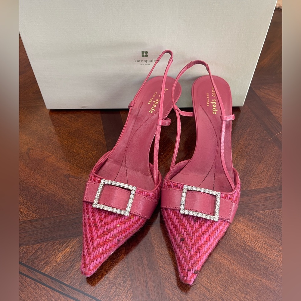 Kate Spade Pink/Coral Herringbone Heels with Rhinestone Buckle